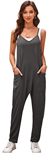 SotRong Womens Harem Jumpsuits Ladies Sleeveless One Pieces Baggy Playsuit Hot Shot Onesie Solid V-neck Sling Romper Casual Loose Summer Overall Dark Grey XL