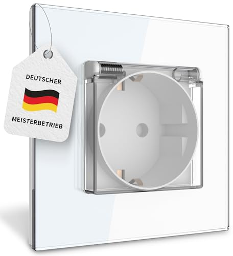 PULSAR Steckdose Unterputz Weiß 1-Fach Glas - mit Deckel und gehärtetem Glasrahmen - Wandsteckdose mit Klappdeckel 230V 16A für Feuchtraum