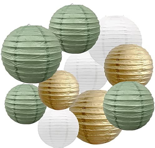 10 Stück Papier Laterne rund Lampenschirm Salbei grün weiß und Gold Runde Papier Laterne Dekoration für Hochzeiten Braut Babyparty Geschlecht Reveal Geburtstage Dekoration