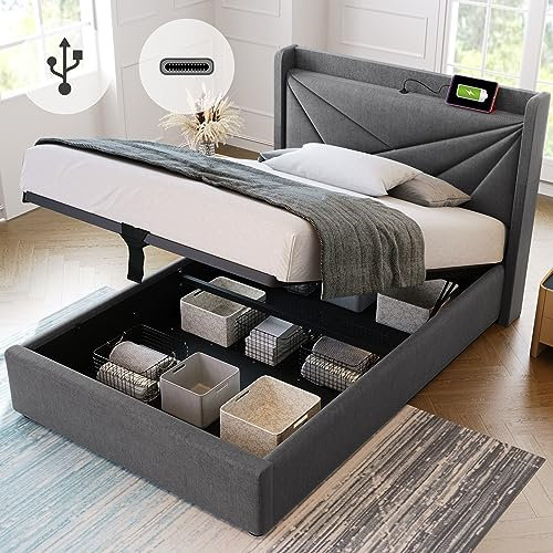 Bgsryao Bett 90x200 mit USB Typ C Ladefunktion und Kopfteil, Polsterbett 90x200cm mit Stauraum Bettkasten, Einzelbett mit Lattenrost, Stauraumbett Jugendbett Bettgestell aus Leinenmaterial Grau