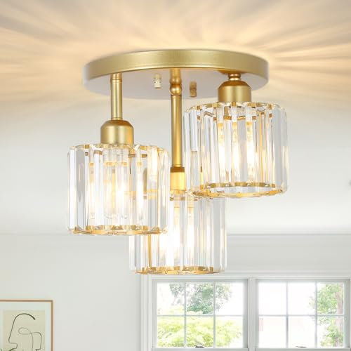 Rayofly Modern Crystal Chandeliers Ceiling Light, 3-Lights Crystal Ceiling Lights Living Room, Gold Ceilings Light with Glass Lampshades, Ceiling Light Fittings for Kitchen, Bathroom, Bedroom, Hallway