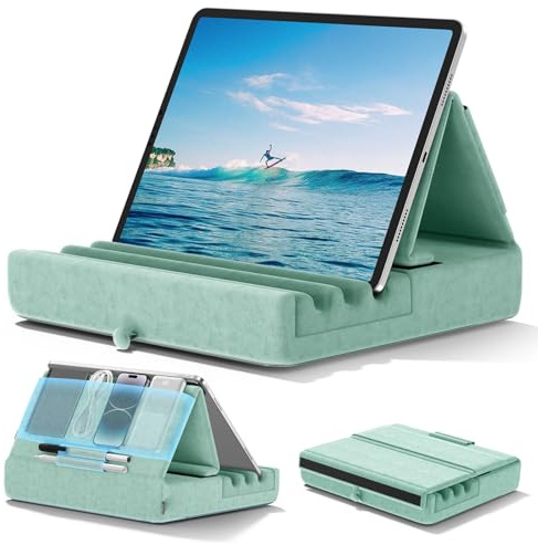 Supporto cuscino per tablet, KDD Supporto pieghevole per iPad per grembo, letto e scrivania - Dock per tablet con tasca e supporto per iPad Pro 12.9, 10.5, Air Mini 6 5 4 3, Kindle, E-Reader, Verde
