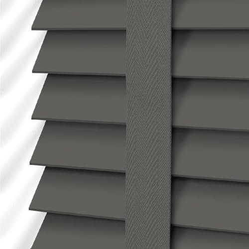 Ev Dekor Faux Wood Blinds - Wooden Grain window Venetian Blind 50mm Horizontal Slats - White Silver/Grey Tape TRIMMABLE, Child Safe Window Shades (Dark Grey Embossed Pattern, W45cm x L150cm)