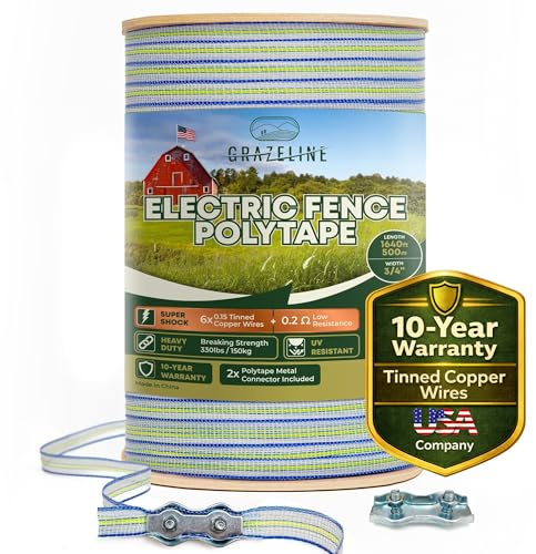 Electric Fence Polytape 1640ft - High Visibility 3/4 Livestock Fence Tape with 6 Tinned Copper Wire, 0.2 Ohm Low Resistance, 330lb Strength - Safe Horse & Goat Fencing, UV Resistant, 10-Year Warranty