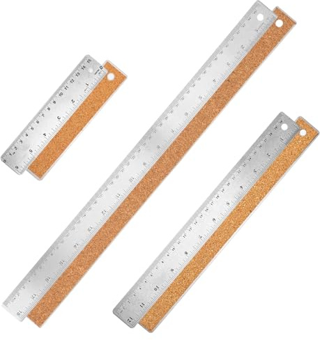 Metal Ruler with Cork Backing 6+12+18 Inch Stainless Steel Metal Ruler Non-Slip Rulers with Inch and Centimeters Straight Edge Cork Base Rulers for Drafting Office Tools, Prevent Ink Leakage