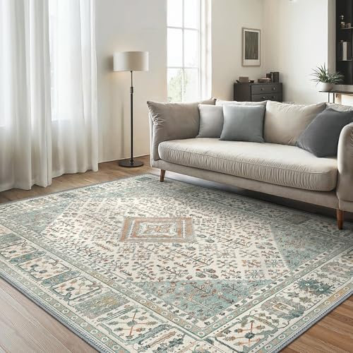 GENIMO Großer Boho Vintage Wohnzimmer Teppich 200x290CM, Waschbar und rutschfest, Kurzflor Teppich für Wohnzimmer, Esszimmer oder Büro