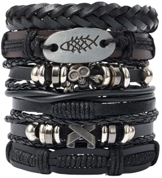 Ticome Leather Bracelet, 6Pcs Adjustable Fashion Punk Men & Women Rope Bracelet,Multilayer Braided Fishbone Pirate Skull Cuff Vintage Bracelets Wrap Set Series
