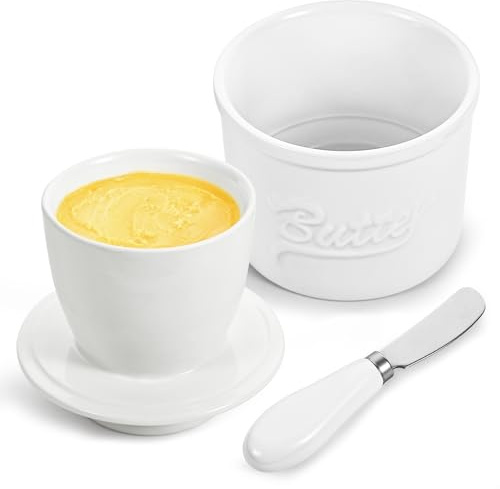 Chumix Porta Burro Francese, Raffreddamento ad Acqua Burriera in Ceramica con Coperchio e Coltello Burro, Scatola per Burro Fresco e Spalmabile, Burriera Francese per Cucina e Tavola