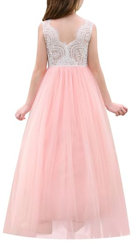 EFOGEP Flower Girl Lace Dress Elegant Sleeveless V Back Tulle Party Maxi Dresses Kid Girls Wedding Bridesmaid First Communion Birthday Pageant Princess Prom Ball Gown Pink 9-10 Years