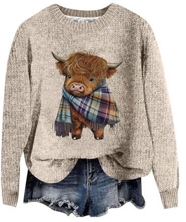 Ladies Sweatshirts Without Hood UK,Ladies Knitted Pullover Sweatshirt Cow Prints Long Sleeve Sweater Casual Warm Fall Tunic Tops Fashion Clothes Oversize Going Out Holiday Vacation Beige