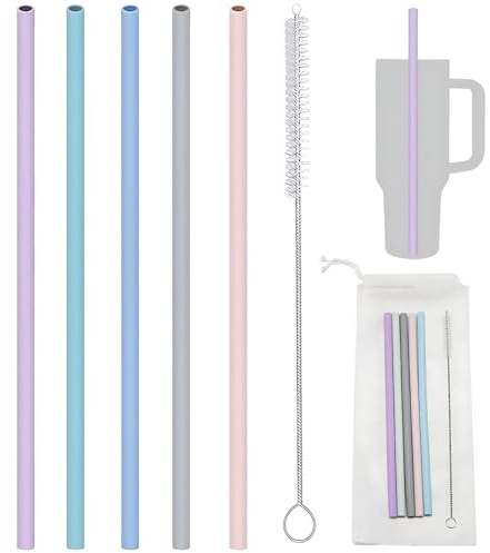 Pajitas reutilizables LACHT, paquete de 5 pajitas de silicona de colores, ecológicas, sin BPA, con cepillo de limpieza para vasos de 350 a 900 ml.