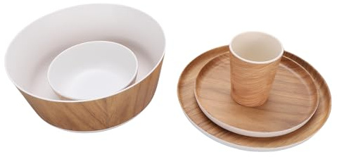 Riuulity Set di Stoviglie per Melamina a Grana in Legno, Stoviglie Rustiche di Melamina con Tazza di Ciotola Grande Piatto da Portata