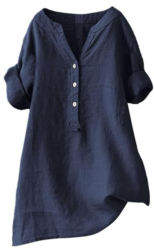 Tunika i linne för damer, modern oversize-blus i stora storlekar, långärmad sommarblus med V-ringning och elegant vintage-look, festlig topp, marinblå, M