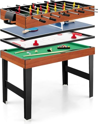 COSTWAY 4 en 1 Table de Baby-Foot avec Billard & Hockey & Tennis, Table Multijeux Empilable avec Marqueur Manuel, Jouet d'arcade pour Fête Bar Salle de Jeux, Accessoires Inclus, 125x97x83cm