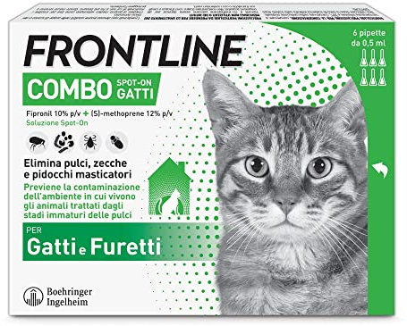 FRONTLINE Combo, 6 Pipette, Antiparassitario per Gatti, Gattini e Furetti di Lunga Durata, Protegge da Pulci, Zecche, Uova, Larve e Anche la Casa, Antipulci In Confezione da 6 Pipette da 0.5 ml