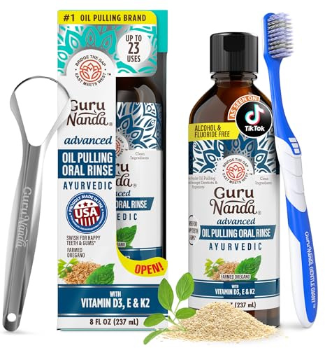 GuruNanda Advanced Formula Oil Pulling with Tongue Scraper for Healthy Teeth & Gums with Vitamin D,E - Coconut Oil Natural Mouthwash, Helps with Fresh Breath & Teeth Whitening (237mL)