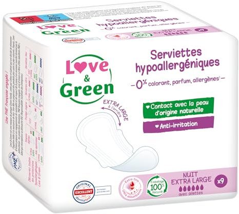 Love & Green Serviettes hygiéniques, écologiques et hypoallergéniques - certifiées Ecolabel et Dermatest - NUIT EXTRA LARGE x 9 : Sans colorant, parfum, allergènes