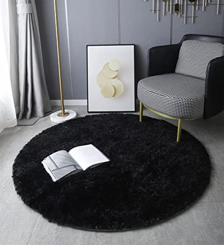 LYKEJI Runder Teppich, Langflor, Modern, für Wohnzimmer, Schlafzimmer, Esszimmer oder Kinderzimmer, Komfortable Hochflor-Bodenmatte Anti-Rutsch-Teppich (140cm X 140cm, Schwarz)