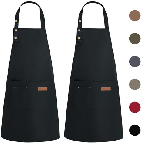 WENYA 2 Pack Kitchen Apron for Women, Unisex Adjustable Cooking Apron with Pockets, Canvas Waterproof Apron for Home Kitchen, Restaurant, Coffee House (Black)