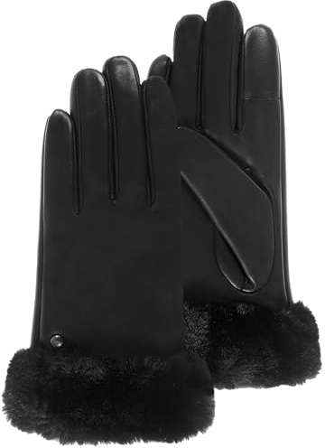 Isotoner Gants femme tactiles en cuir d'agneau pleine fleur - doublés chaud, 7=S, noir