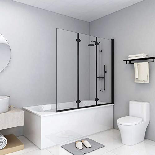 LAPOOH Mampara de Ducha Plegable 3 Paneles ESG 130x138 cm Negro, Mampara Bañera, Mampara Baño Ducha, Cabina De Ducha, Mampara Baño
