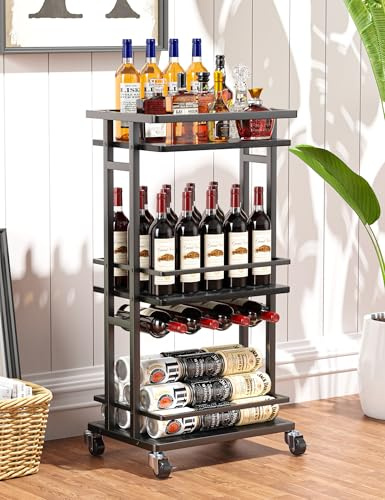 OKZEST 3-Tier Liquor Cabinet with Wine Rack, Mini Bar Cart for Home, Small Liquor Bar Cabinet for Alcohol, Rolling Kitchen Serving Cart on Wheels, Wine Drink Cart for Party, Bar Stand for Small Space