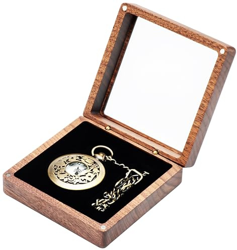 COSISO Walnut Wood Pocket Watch Box with Clear Acrylic Lid Portable Single Pocket Watch Display Storage Travel Case Organizer for Men Women (Contain Chain Clamp Slot)