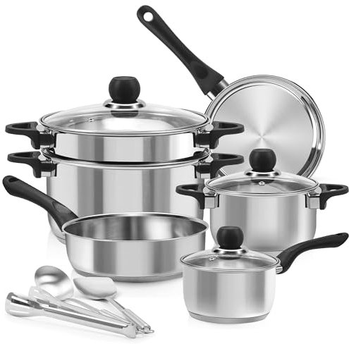 Pots and Pans Set, 12 Piece Stainless Steel Hob Pots Set and Frying Pans Non Toxic Kithchen Cookware w/Lids for Healthy Cooking, Saty-Cool Handles, Easy to Clean and Compatible with All Stovetops