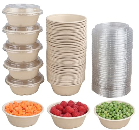 JAYEEY 10 oz Disposable bowls with lids, Paper Bowls Plant Fibers 50 Pack