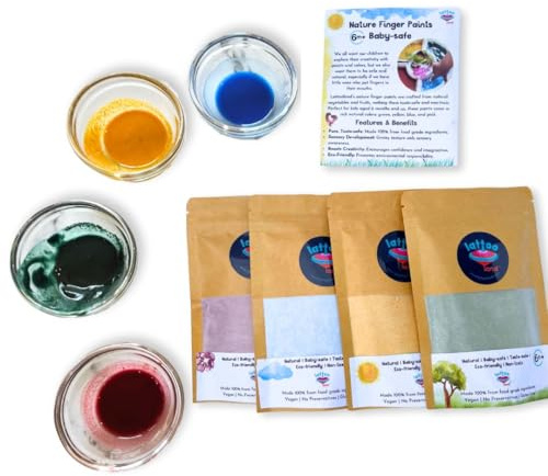 Lattooland Natural Vegan Finger Paint for Babies & Toddler | Edible Vegetable-Based Paint Powder | Non-Toxic, Washable, Taste-Safe Sensory Play Paint Set for Kid 6+ Month (4 Colors) | Art & Craft