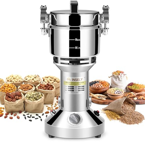INSELY High Speed Stainless Steel Grain Grinder Flour Seeds Nuts Wheat Pills Corn Herbs Spices and Spices Dry Grinder