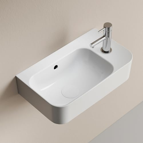EMKE Lavabo Suspendido Blanco Brillante 45,5 x 27 x 15 mm, Lavamanos Rectangular de Pared Fondo Reducido, Pica de Cerámica con Grifo a la Derecha para Baño Pequeño (Solo Lavabo)