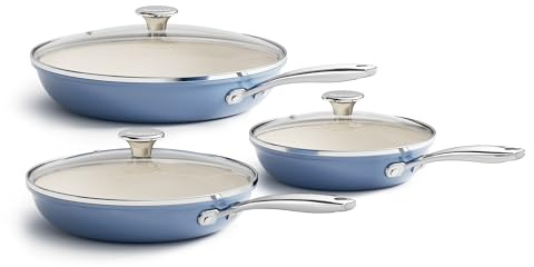 Redchef Nonstick Cookware Sets, Ceramic Frying Pan Set with Tempered Glass Lids, Non Stick Cooking Set, Dishwasher & Oven Safe, Induction Safe, Compatible with All Cooktops, Blue (8, 9.5, 11)