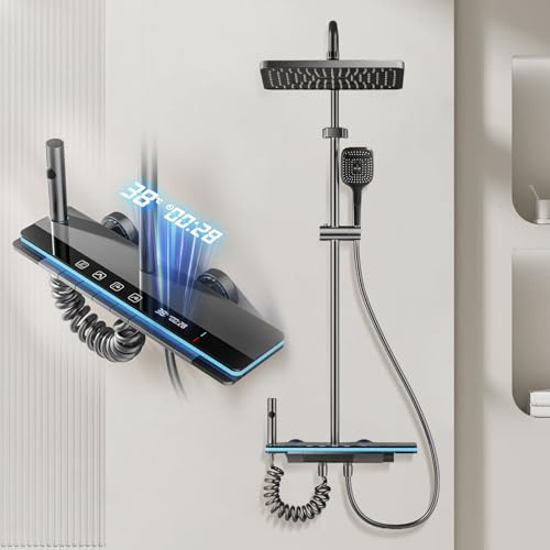 CALISTOUK Columna Ducha con Grifo, 4 Funciones Columna Ducha Material de Aluminio de Aviación con ABS Rociador superior 30 * 20cm, Altura Regulable 65-105cm, Estética de Baño Sofisticada