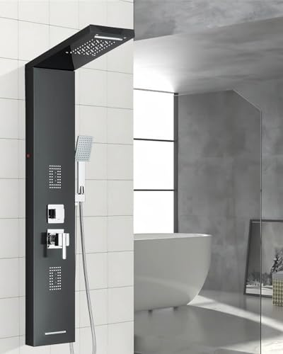 TVTIUO Colonna doccia con idromassaggio e LED, sistema doccia con cinque funzioni, pannello doccia nero per il bagno, acciaio inossidabile.