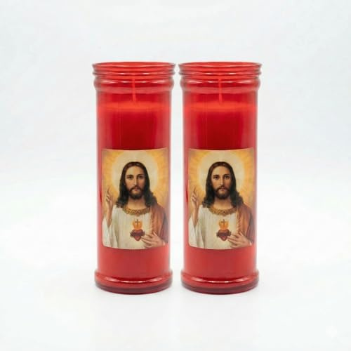 2x Vela Religiosa Roja del Sagrado Corazón de Jesús (15 cm) | Velón en Vaso de Plástico Resistente al Calor para Altar Doméstico e Iglesia | Sin Fragancia, 220g (Duración 20-30h)