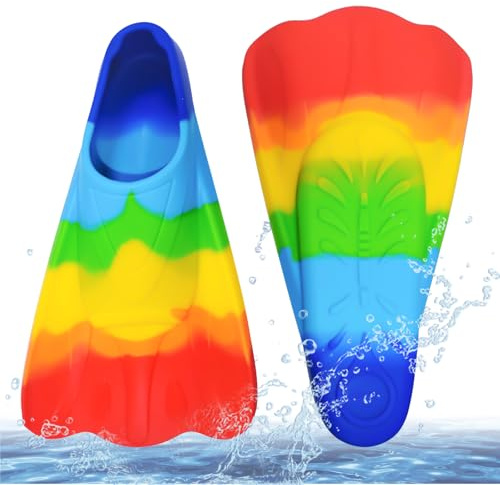 Pinne da nuoto per bambini, in silicone, antiscivolo, morbide, comode, per imparare a nuotare, imparare a nuotare, in piscina, snorkeling, pinne per bambini e ragazzi (colori arcobaleno, XXS)