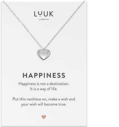 LUUK LIFESTYLE Collana da donna in acciaio inossidabile con ciondolo cuore e cartolina HAPPINESS, idea regalo San Valentino, simbolo di amore, argento