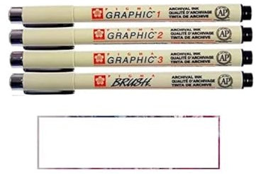 PIGMA MICRON Schwarz, 4 Federn, 1 mm, 2 mm, 3 mm, Bürste, hergestellt in Japan