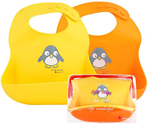 NatureBond 2 Stück Baby Lätzchen Silikon, BPA-Frei, Leicht zu Reinigen, Wasserdicht, Abwaschbar, 4 Einstellbare Pegel, Warme Farbe Sanft Lätzchen Silikon mit Auffangschale für Junge, Mädchen