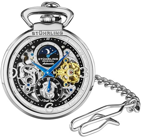 Stuhrling Orignal Mens Automatic Pocket Watch Skeleton Dial Mechanical Movement with and Stainless Steel Chain -Dual Time AM/PM Sun Moon Subdial