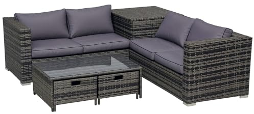 Outsunny 4 Pieces Rattan Garden Furniture Set, 4 Seater Corner Sofa Set with Storage Box, 2 Drawers Coffee Table, Loveseats with Cushions, Wicker Garden Conservatory Furniture for Balcony, Grey
