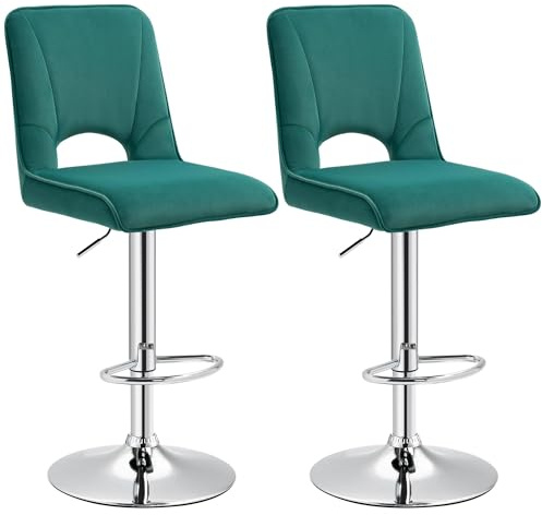 HOMCOM Set 2 Sgabelli da Bar Moderni e Girevoli con Schienale Alto e Poggiapiedi, Sgabelli da Cucina Imbottiti con Altezza Regolabile in Tessuto Verde, 41x51x97-117cm