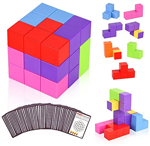 Ulikey Blocs de Construction Magnétique, Magique Cube de Construction Jouets avec 7 Bricks + 54 Cartes, 3D Puzzle Cube Jeu d'entraînement Cube Anti Stress Construction pour Enfant Adulte (Coloré)