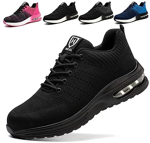 Zapatos de Seguridad para Hombre Mujer Ligeras Colchón de Aire Zapatillas de Trabajo con Punta de Acero Transpirable Negro 42