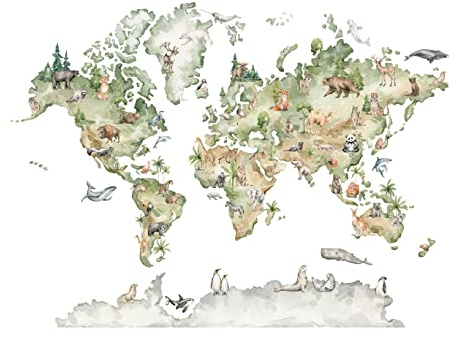 WallArena Carta Da Parati Fotografica Bambini Mappa Del Mondo Animali - Include Colla - Design Carta per Pareti Camera Ragazzo Ragazza Fotomurali In Tessuto Non Tessuto TNT (368x254 cm)