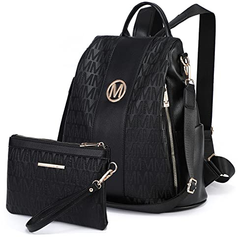 MKP COLLECTION Set di 2 zaini da donna, alla moda, con tasche multiple, antifurto, da viaggio, borsa a tracolla, Nero-1, Medium
