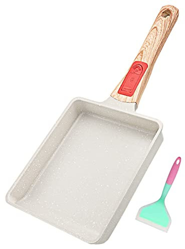 Bobikuke Japanese Omelette Pan, Nonstick Tamagoyaki Pan with Removable Handle, 19 x 16 x 4 cm, Oven Safe with Silicone Spatula (White)