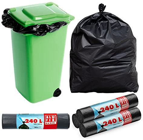 Sacchi della spazzatura in alluminio nero extra forte, 240 l, 100x125 cm, 4 rotoli da 10 pezzi, estremamente resistenti agli strappi, colore nero, materiale HDPE, la casa, riparazione