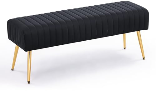 Furnimart 44 Inch Bedroom Ottoman Bench, Black Upholstered End of Bed Bench with Gold Legs for Living Room Bedroom Dinning Room Entryway, Black